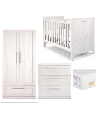 Atlas 4 Piece Cotbed with Dresser Changer, Wardrobe, and Essential Pocket Spring Mattress Set- White